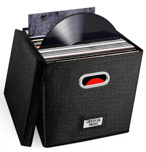 yesogreat Vinyl Record Storage Box with Lid - Holds 100+ LPs, 12.99 Inch Stackable & Collapsible Fabric Organizer Crate Cube for Album Collection, Decorative Storage Bin for Living Shelf, Black
