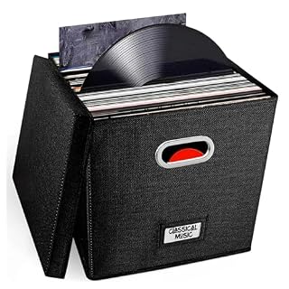 Vinyl Record Storage Box with Lid – Holds 100+ LPs, 12.99 Inch Stackable & Collapsible Fabric Organizer Crate Cube for Album Collection, Decorative Storage Bin for Living Shelf, Black - Les Beatles, Paul McCartney, John Lennon, RIngo Starr, George Harrison
