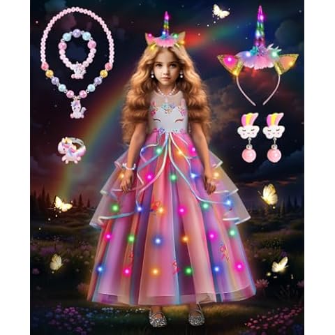 TOLOYE Princess Dresses for Girls, Unicorn Costume Dress Light Up with Accessories for Birthday Halloween Carnival Cosplay Cover