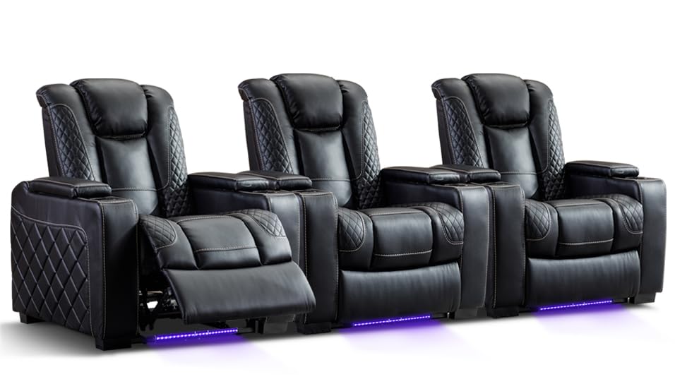 CANMOV Home Theater Seating Set of 3, Faux Leather Electric Power Recliner Chair with Ambient Lighting, Power Headrest, Lumbar Support, Cup Holders, Hidden Arm Storage, USB Ports, BlackThe Forest Stewardship Council