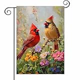 Spring Cardinal Birds Garden Flag 12x18 Inch Double Sided, Burlap Small Colorful Flowers Yard Flag for Summer Farmhouse Holiday Outside Outdoor Decorations