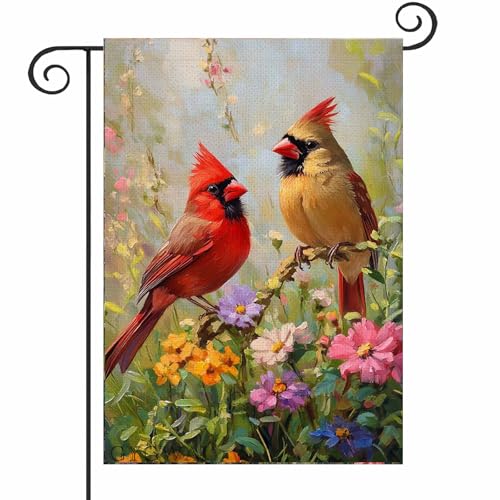 Spring Cardinal Birds Garden Flag 12x18 Inch Double Sided, Burlap Small Colorful Flowers Yard Flag for Summer Farmhouse Holiday Outside Outdoor Decorations
