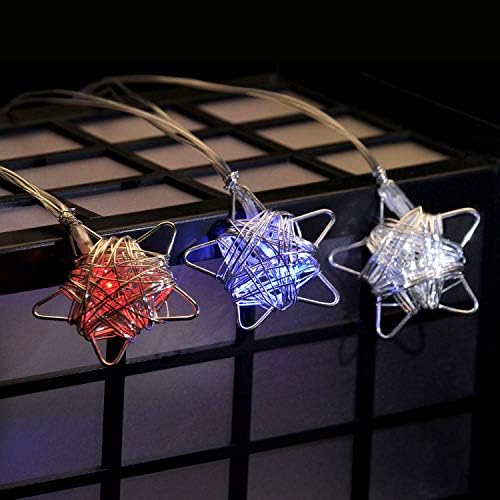 July 4th / Independence Day String Lights Decorations, Handicraft Iron Wire Rattan American Stars, 10ft. 20 LEDs, Patriotism the Old Glory USA Theme Color, Dual-powered, 8 Flicker Mode Dimmable Remote