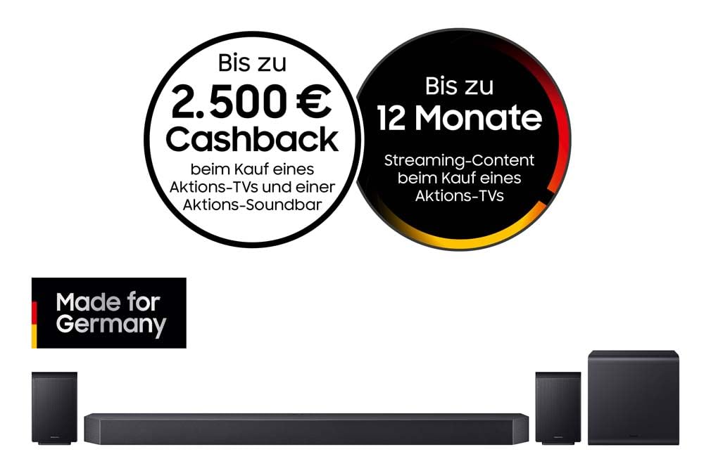 Samsung HW-Q995GF Q-Series 11.1.4-Kanal-Soundbar für Fernseher, Kabelloser 8"-Dual-Subwoofer, 4.0.2-Kanal-Rücklautsprecher, Kabelloses Dolby Atmos und DTS:X, SpaceFit Sound Pro, Q-Symphony