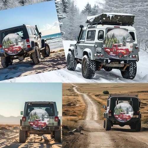 Image of Farm Christmas Red Truck Spare Tire Cover for Rv Trailer Camper- Cute Xmas Winter Waterproof Wheel Protectors Cover Universal Fit for Truck SUV Travel New Year Outdoor-15 inch