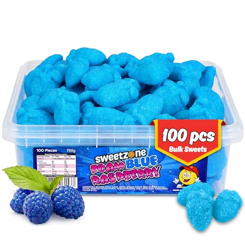 Sweetzone Jelly Foam Blue Raspberry 700g Tub, 100pcs of Halal Gummy Sweets, Chewy Blue Sweets with Fruity Flavour, Retro Fizzy Fruit Chews, Bulk Sour Candies, Perfect for Kids and Every Occasion