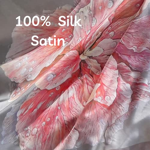 Designer Square Silk Scarf for Women Hand Painted and Printed Grey Shawl with Pink Rose Unique by EdGalArt2