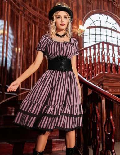 Image of Scarlet Darkness Womens Gothic Pirate Corset A Line Midi Dress with Pockets | Convertible Square /Off Shoulder, Puff Sleeves, Smocked Waist, Pockets, Tiered A-Line Hem. For Daily, Gothic & Witch Cosplay