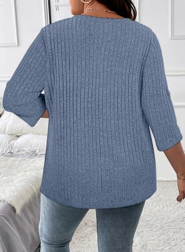 Image of Koscacy Women Plus Size V Neck 3 /4 Roll Sleeve Sweater Casual Knit Tops Solid Color Blouses