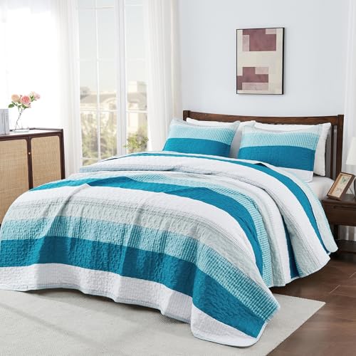 Image of Andency Teal White Quilt Queen(90x96Inch), 3 Pieces (1 Striped Quilt and 2 Pillowcases) Patchwork Bedspread Coverlet Set, Soft Lightweight Quilted Bedding Set