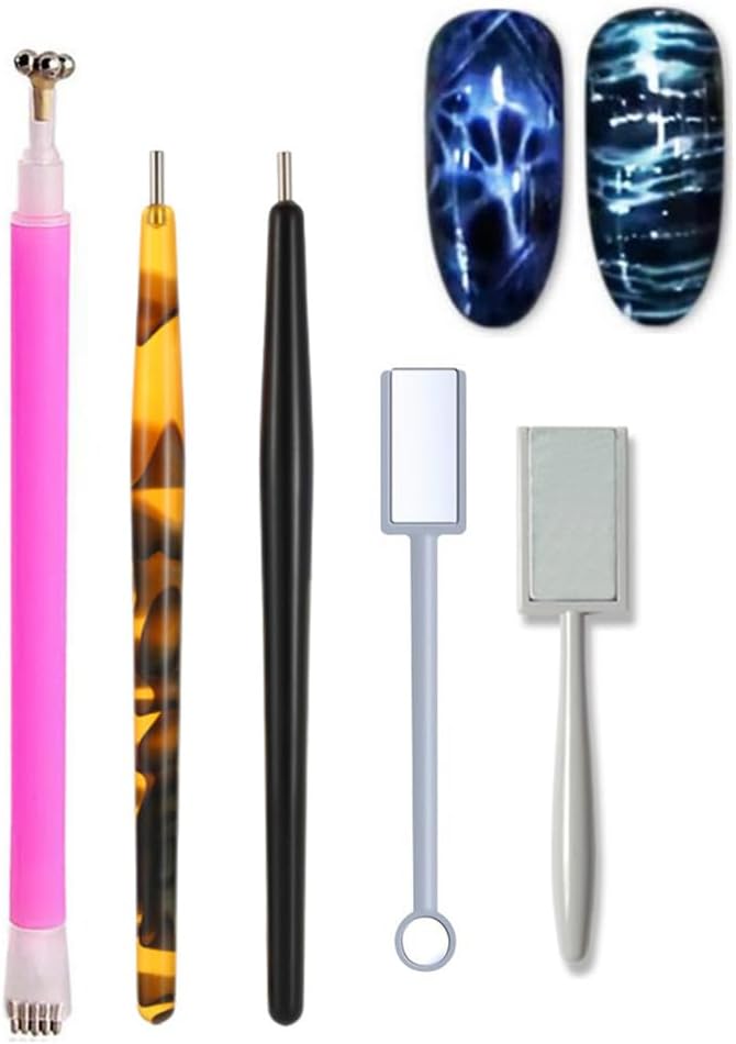 WOKOTO 5Pcs Nail Magnet Tool Set With Double Head Flower Design, Nail Cat Eye Magnets For Nails Polish Magnet Pens And Strong Magnet Stick For Magnetic Cat Eye Gel Polish Nail Art Magnet Wand
