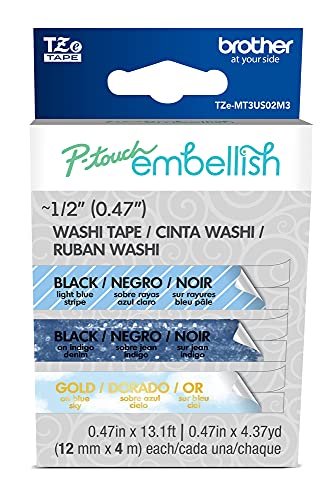 Image of Brother 3-Pack Blue Washi Tape Assortment TZeMT3US02M3 ~ inch Wide x 13.1' Long for use with P-touch Embellish Ribbon & Tape Printer, Multi 3 Piece