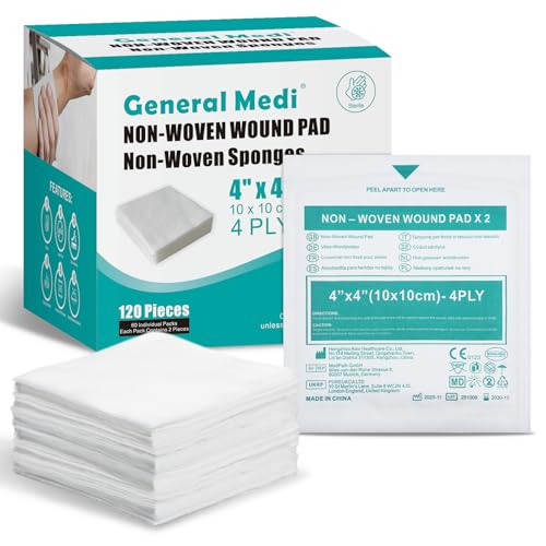 General Medi Sterile Gauze Sponges 4 x 4 Non-Woven Wound Pads - Individually Wrapped Highly Absorbent Sponges Pads for Cushioning Minor Wounds Cuts & Burns Wound Care (60 Packs 120 Pieces Total)