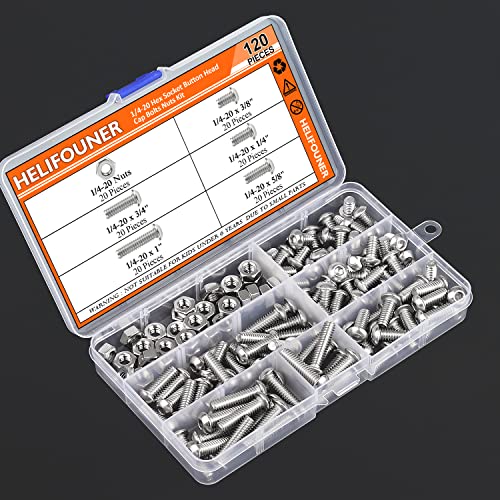Image of HELIFOUNER 120 Pieces 5 Sizes 304 Stainless Steel 1 /4-20 x 3 /8 inch 1 /2 inch 5 /8 inch 3 /4 inch 1 inch UNC Thread Hex Button Head Cap Bolts Kit