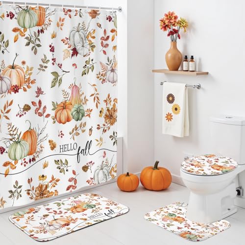 Fall Pumpkin Shower Curtain Set, Autumn Fallen Maple Leaves Shower Curtain Set for Fall Bathroom Decor with Non-Slip Washable Bath Rugs, Toilet Lid Cover and Bath Mat