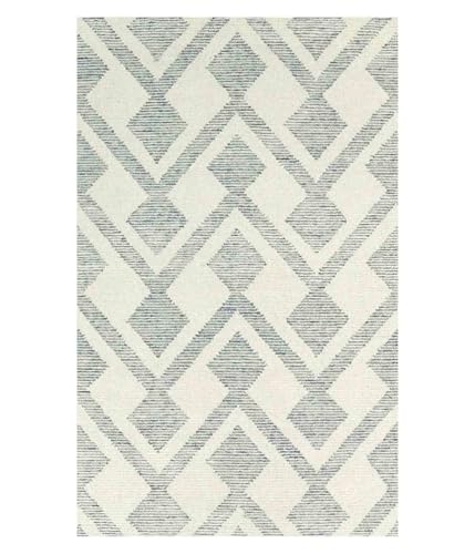 Image of Modern Pattern Wool Carpet with Loop Texture Yarn Carpet Size 10x13 Feet C1 Ivory & Grey Color