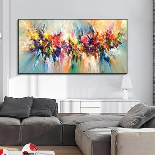 Peinture abstraite paysage coloré sur toile avec cadre noir 60x120 cm