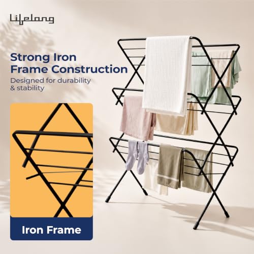 Image of Lifelong Foldable Alloy Steel Cloth Drying Stand for Balcony|3-Tier Heavy Duty Laundry Rack for Indoor & Outdoor|Portable Standing Clothes Dryer with Anti-Slip Feet|Space Saving Steel Rack for Home