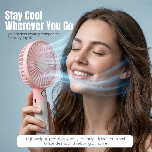 Image of One94Store Mini Handheld Fan, USB Rechargeable Fan with 1800mAh Battery, 6-Speed Cooling for Home Office Travel, Pink & Grey
