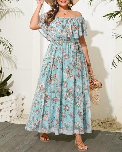 Image of Plus Size Chiffon Off The Shoulder Maxi Long Floral Summer Casual Beach Boho Sundress Women 2024
