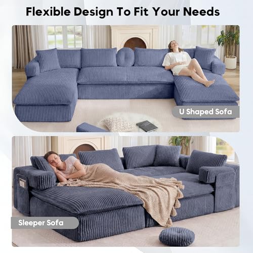 Image of Oversized Cloud Boneless Couch with Chaise, 149 inch Modern U Shape Modular Deep Seat Sectional Sofa, Comfy Corduroy Upholstered Couches for Living Room, No Assembly Required, Navy Blue