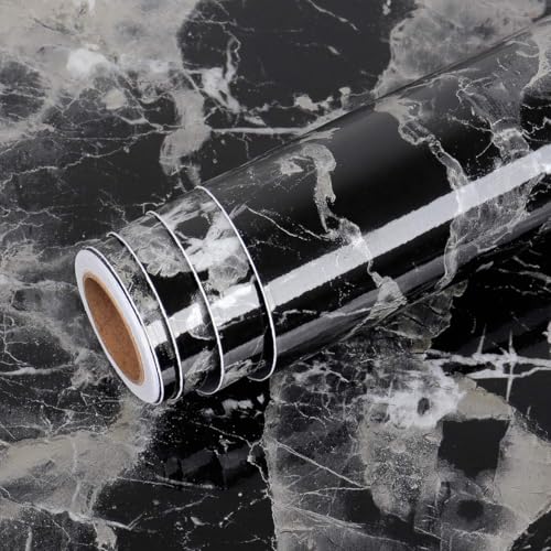 Image of HOME13 Marble Wallpaper Peel & Stick Contact Paper Self Adhesive Decorative Removable Waterproof Wallpaper for Kitchen Cabinet and Furniture Countertops (24 X 180 INCH, Black Grey Marble)