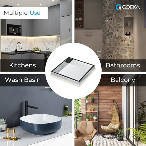 Image of GOEKA 6 inch x 6 inch SS 304 Stainless Steel Tile & Marble Insert Floor Drain | Reverse Plate Jali Stainer | Square Bathroom, Roof, Terrace, Balcony Drain | Anti-Clog & Rust-Resistant