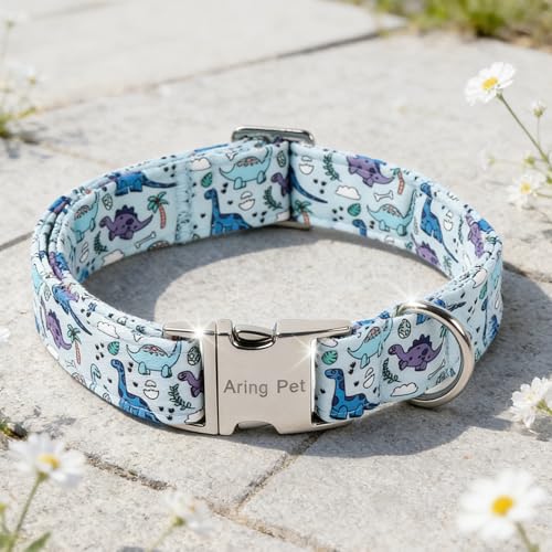 Image of ARING PET Dinosaur Dog Collar, Cute Spring Summer Blue Boy Heavy Duty Doggy Collars with Metal Buckle for Puppy Small Medium Large Dogs-M
