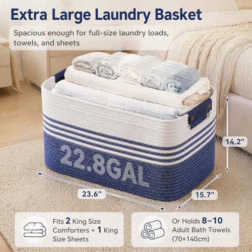 Image of Cotton Rope Laundry Basket Extra Large, 22.8GAL Collapsible Woven Storage Baskets for Living Room Kids Toys Stuffed Animal,Boho Rectangular Decorative Hamper for Dirty Clothes, Blankets Denim Blue