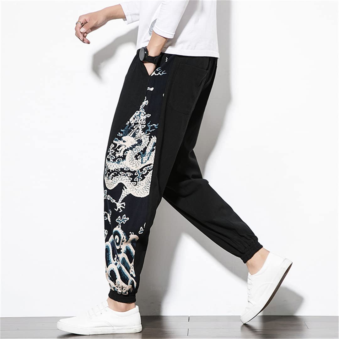 Tradizionale Stile Giapponese Haori Harem Pantaloni per gli Uomini Casual Cotone Lino Pantaloni Adulto Uomo Stampa Drago Cinese Kimono Nero 2XL