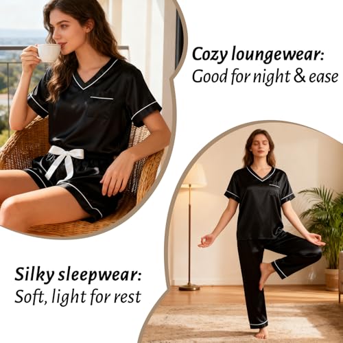 Image of 3 Piece Silk Satin Pajamas Set for Women Soft Short Sleeve Pjs Silky V Neck Sleepwear with Top Shorts and Pants,Black,M