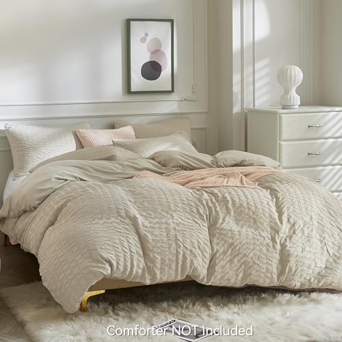 Image of JELLYMONI Light Khaki Duvet Cover Full Size, 3pcs Washed Microfiber Bedding Set, Soft Breathable Seersucker Duvet Cover Set with Zipper Closure and Corner Ties for All Seasons