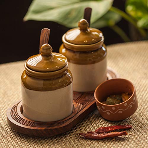 ExclusiveLane Old Fashioned Ceramic Jars with Hand Carved Tray -Pickle Jar Set for Dining Table Pickle Container Set Masala Container Kitchen Storage Containers Pickle Set
