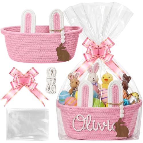 SiliFine Custom Easter Basket Personalized Easter Bunny Gift Basket with Name Rope Bow Ribbons and Gift Bag for DIY, Egg Hunt, Girls, Boys(Pink)