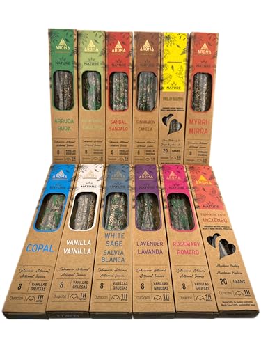 HOSTENATURA Aroma Nature | Kit Incienso Orgánico Variado | 12 Cajas de Inciensos Naturales Artesanales | Incluye Copal, Vainilla, Salvia, Lavanda, Romero, Ruda, Sándalo, Canela, Palo Santo y más