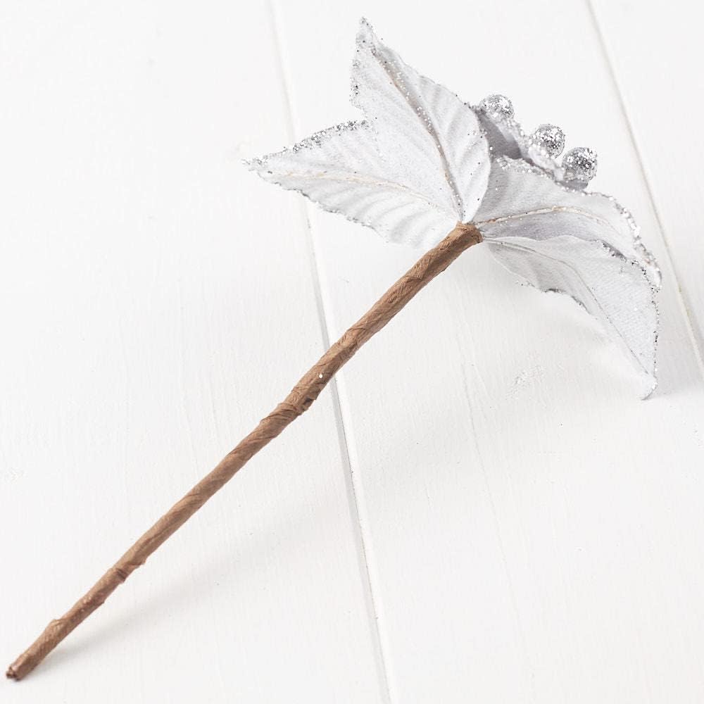 Silver Velveteen Poinsettia Picks - Pack of 12 Artificial Poinsettia Christmas Flowers Accented with Sequins and Glitter (Blooms - 4" Dia)