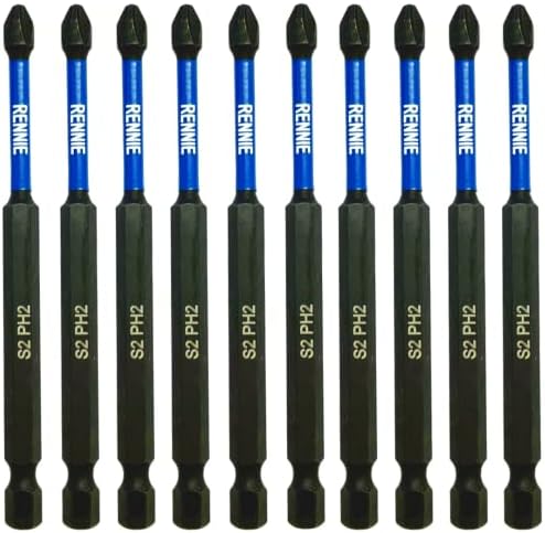 10 x Rennie Tools 100mm Long PH2 Impact Screwdriver Driver Bits Set. Magnetic Phillips No.2 Heavy Duty Impact Driver Bit Set. Extra Long PH2 Bits. Hex Shank. Cross Head. Black Oxide Coating