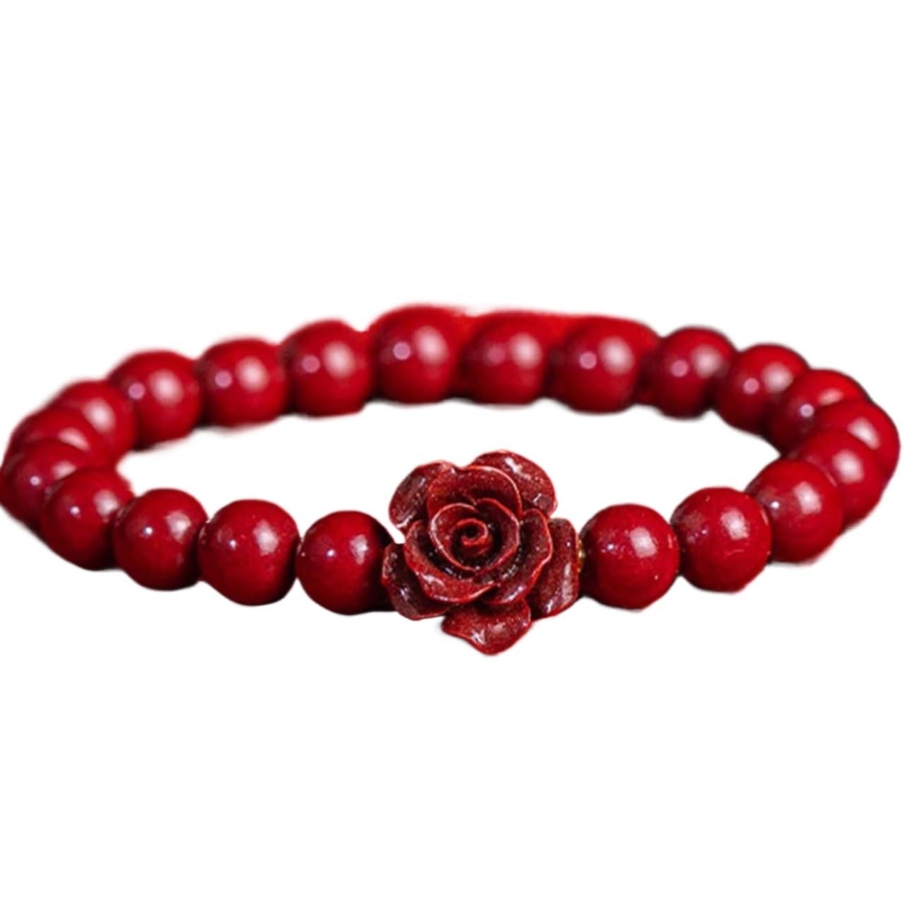 OIFAODAO Rosary bracelet, Carved Rose Flower BeadNatural Gemstone Bracelet Good Luck Amulet(Red-6mm)