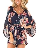 AIMCOO Women's Summer Floral Print Jumpsuits Long Baggy Sleeve High Waist Tie Knot Rompers Casual Sh