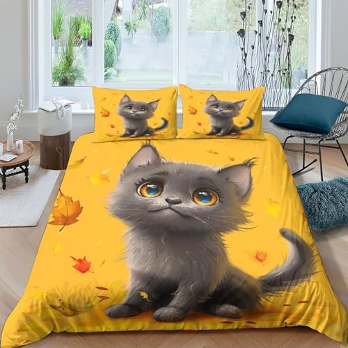 Housse de couette chat parure de lit 3 pièces pour lit double 200x200cm