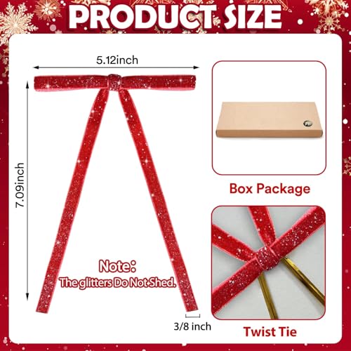 Image of 24 PCS Velvet Bows Christmas Ornaments Decorations, Sparkly Glittery Red Velvet Bows Ornaments for Christmas Tree, Unique Vintage Xmas Home Holiday Decor for Tree Mantle Wreath Gift Wrap