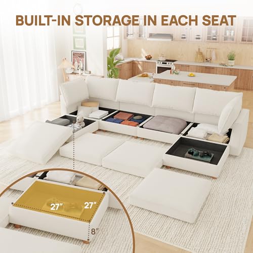 Image of 128 inch Modular Sectional Sleeper Sofa Bed with Storage & Washable Covers, 10-Seater Chenille Modular Sofa Bed with Movable Ottoman Chaise, Convertible Sleeper Sectional Couches for Living Room, Beige