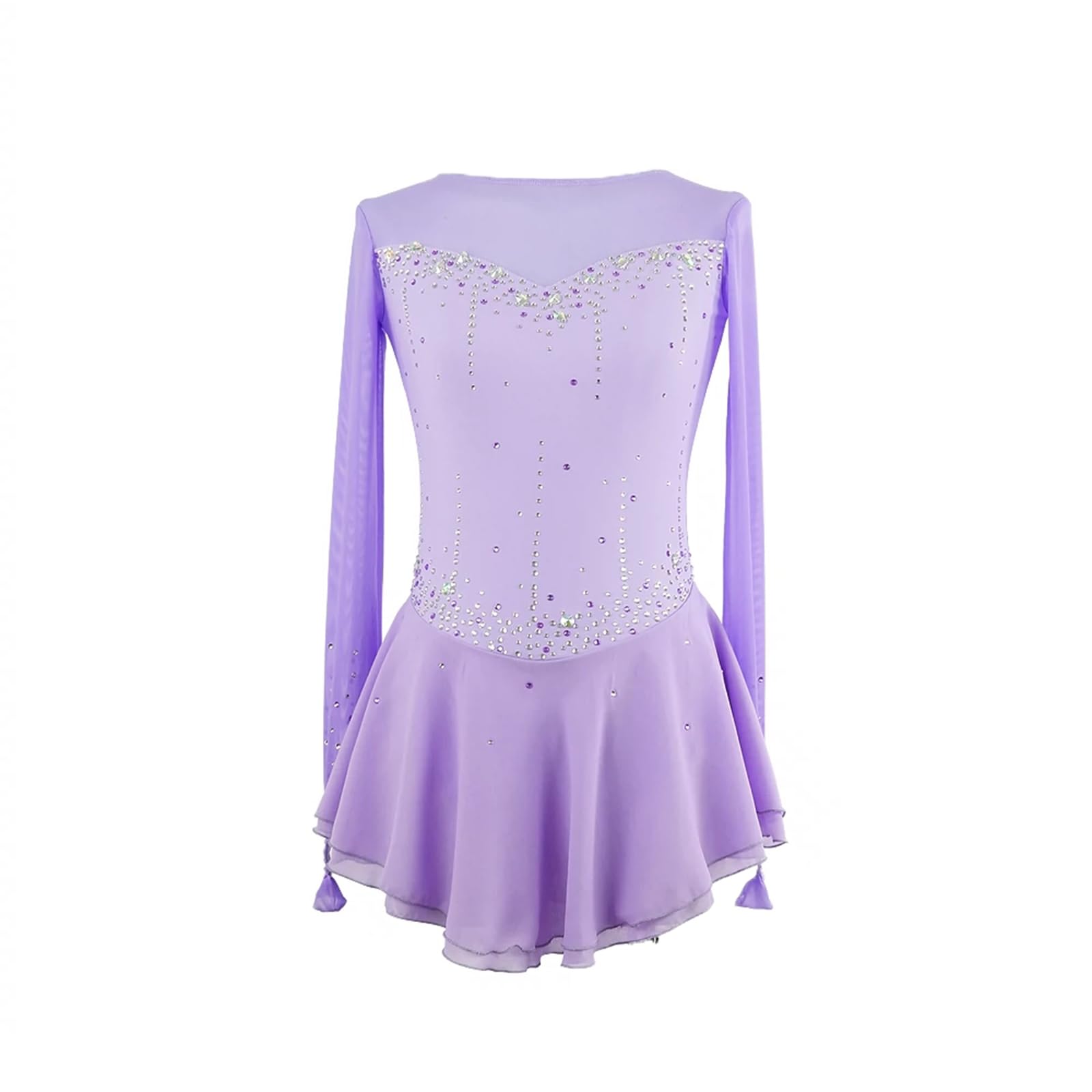 Vestido de Patinaje artístico, Traje de competición de Manga Larga con Diamantes de imitación, Leotardo de Danza de Ballet lírico y Gimnasia, Vestido de Patinaje sobre Hielo (Morado Claro 3XL)