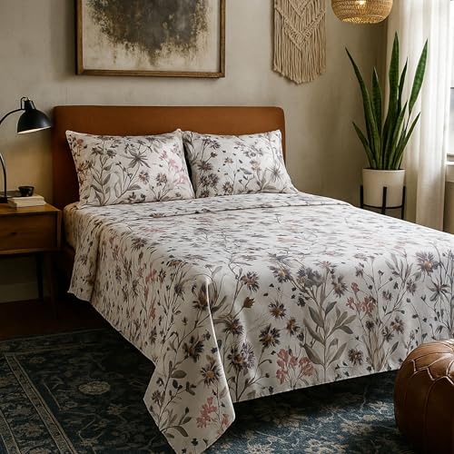Juego de Sábanas Blancas100% Algodón Estampado Flores Moradas Violeta – 3 o 4 Piezas (Bajera + Encimera + 1 o 2 Fundas de Almohada) – Suave, Transpirable y Alegre – Varios Tamaños (CAMA 135 )