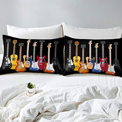 Guitar Printed Bedding Set Teens Rock Music Themed Duvet Cover For Kids Children Adults Colorful Musical Pattern Comforter Cover Hip Hop Stripe Style Bedspread Cover Bedroom Decor 3Pcs Super King … - Image 2