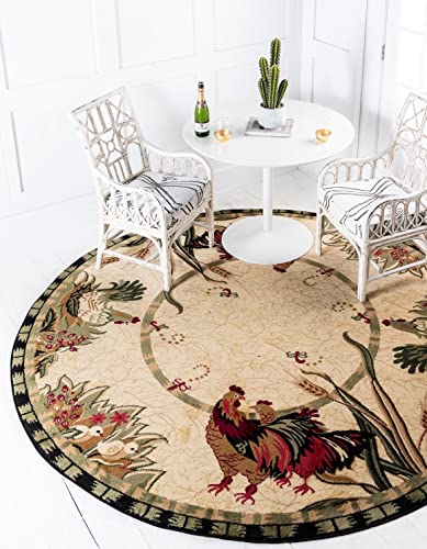 Image of Unique Loom Barnyard Collection Area Rug - Farm (10' Round, Cream / Black)