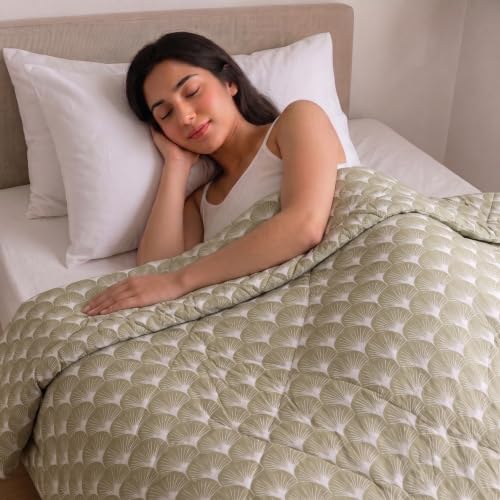 Image of Mafatlal 120 GSM Ultra Twin Size Reversible Comforter, Microfiber AC Blanket /Quilt /Duvet for Single Bed, Lightweight & Soft (90 x 60 Inches) | Leafy