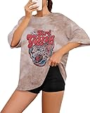 Fenxxxl Women's Drop Shoulder Sun Oversized tee Graphic T Shirts Tie Dye shirt Loose Fitting Summer Tops F491-469-Khaki M