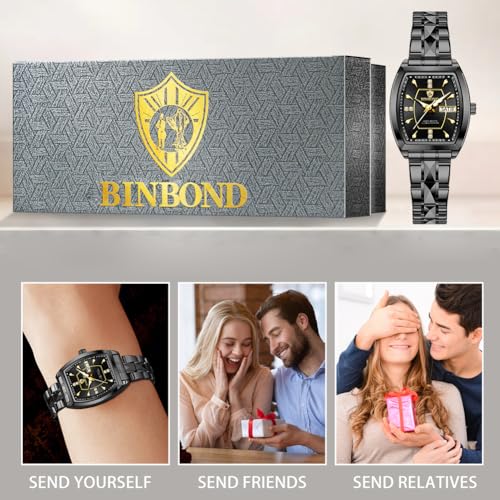Image of BINBOND Square Watches for Women Analog Quartz Day Date Ladies Wrist Watch Diamond Stylish Stainless Steel Dress Womens Watch Elegant Luminous Waterproof