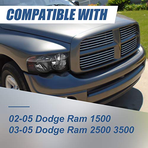 Auto Dynasty [Halogen Model] Factory Style Headlight Lamps Assembly Compatible With Dodge Ram 1500 2500 3500 Pickup Truck 02-05, Driver And Passenger Side, Chrome Housing Smoked Lens Amber Reflector #TOP6